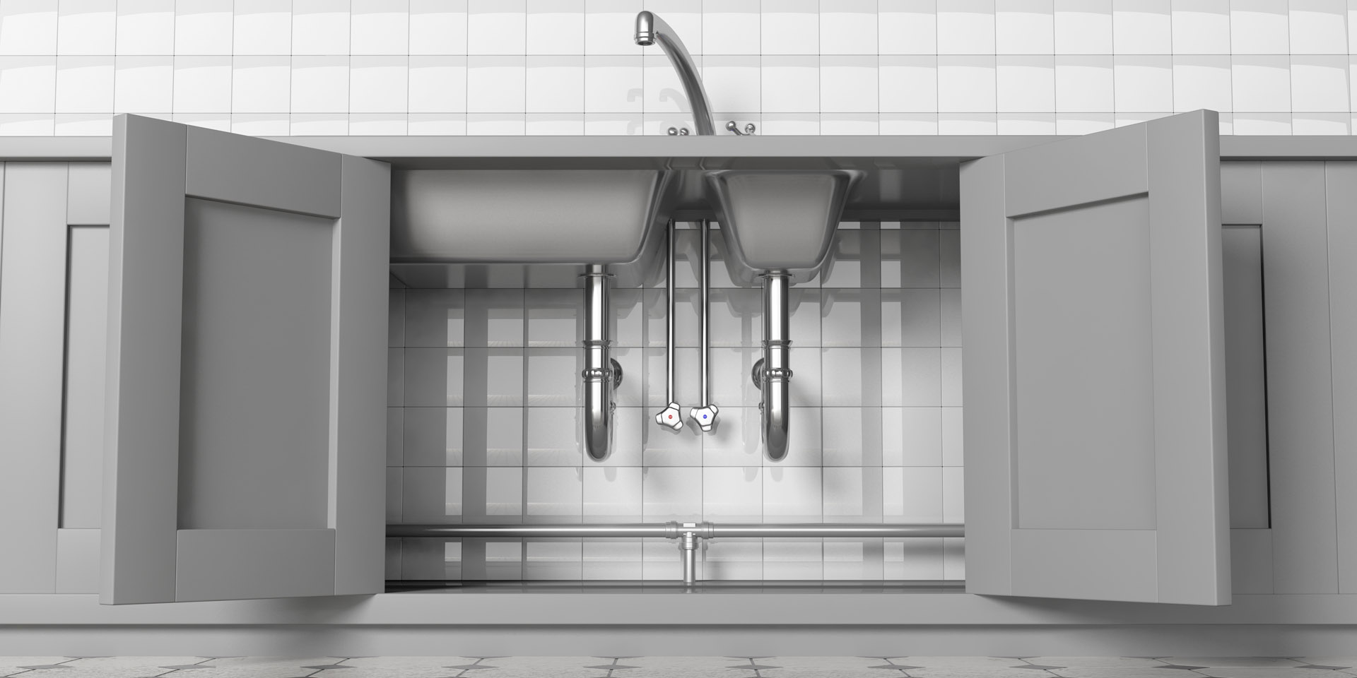 Kitchen cabinets with open doors, stainless steel sink and water tap, under view. White ceramic tiles wall backgound. 3d illustration; Shutterstock ID 1062126185; PO: 25pack; Job: 20180906; Client: tt; Other: aa