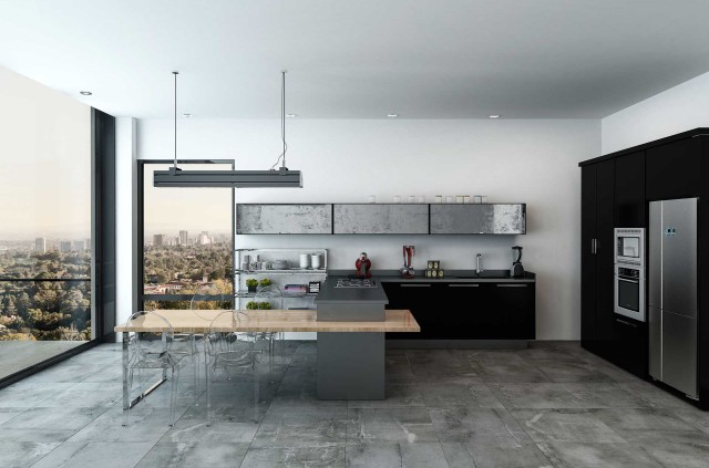 Modern spacious open plan modern kitchen in a monochrome home with fitted appliances and view through large floor to ceiling windows of the city below, 3d rendering; Shutterstock ID 548544685; PO: 25pack; Job: 20180906; Client: tt; Other: aa