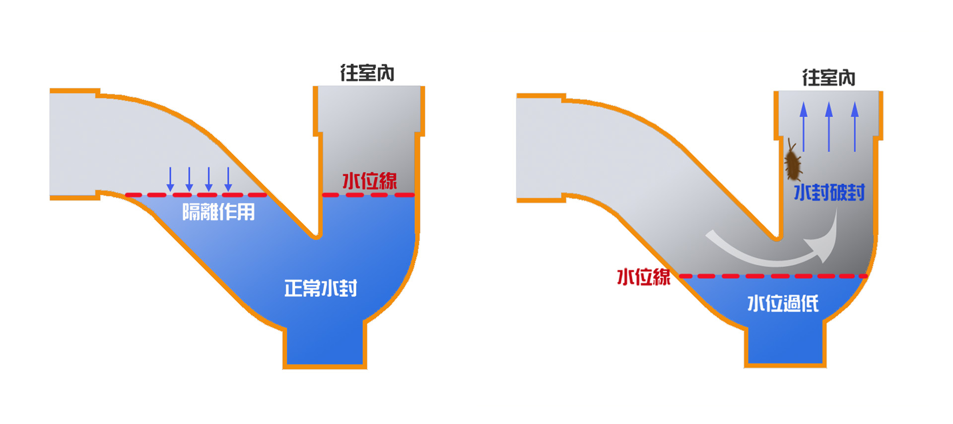 圖左:存水灣正常水封示意圖。 圖右:存水灣破封時示意圖。